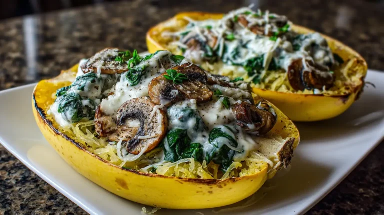 Creamy Spinach and Mushroom Stuffed Spaghetti Squash